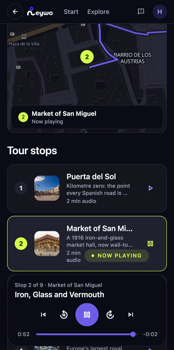 The Neywo app during a walk in Madrid: the route drawn across the map, the list of tour stops, and the audio player partway through the Market of San Miguel.