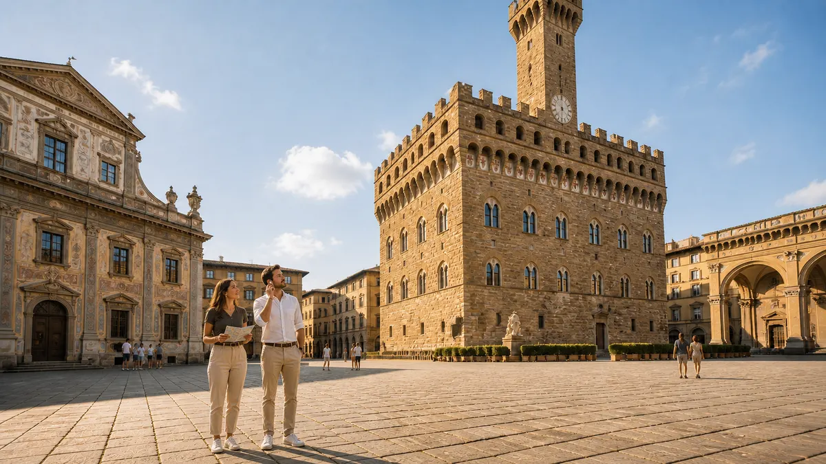Two travellers stand in a sunlit historic square in front of a crenellated medieval palace with a tall clock tower.