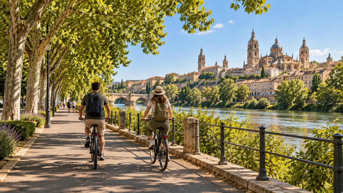 Two cyclists ride along a tree-shaded riverside path, with a domed cathedral and the old town rising across the water.