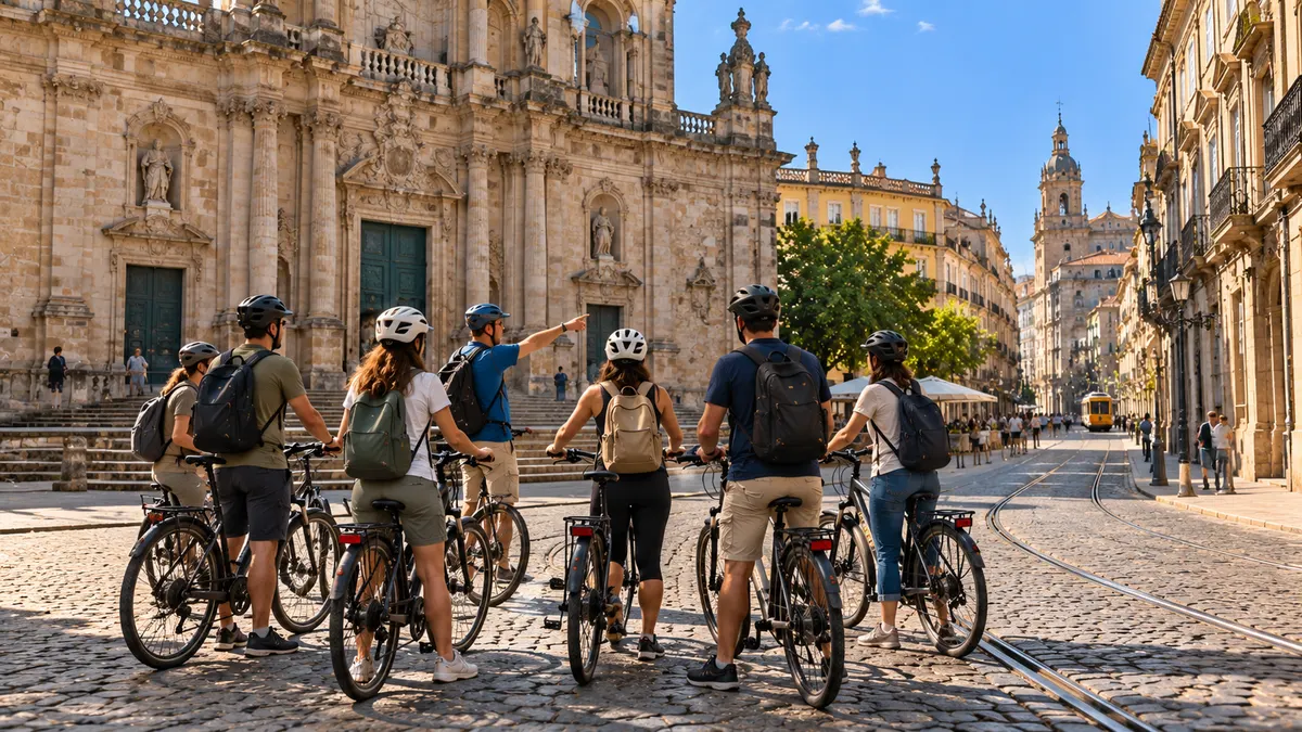 A group of cyclists in helmets stands in front of a baroque church while a guide in a blue shirt points up at the facade.