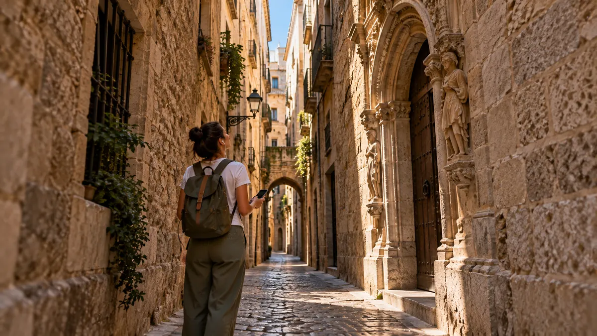 A traveller wearing earphones, phone in hand, looks up at a carved Gothic doorway in a narrow stone lane.