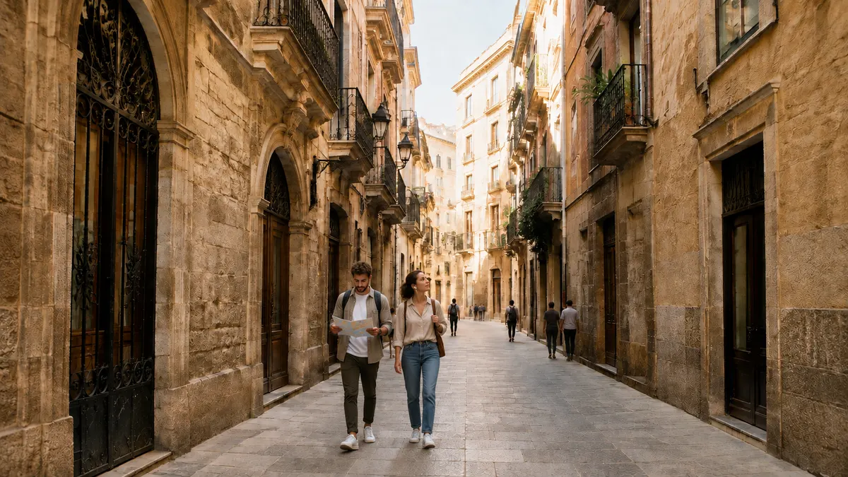 Two travellers holding a paper map walk up a narrow old-town lane lined with stone buildings and iron balconies.