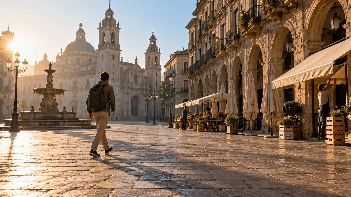 Early morning light across an almost empty stone square, one walker crossing towards a fountain and a cathedral while a café opens its awnings.