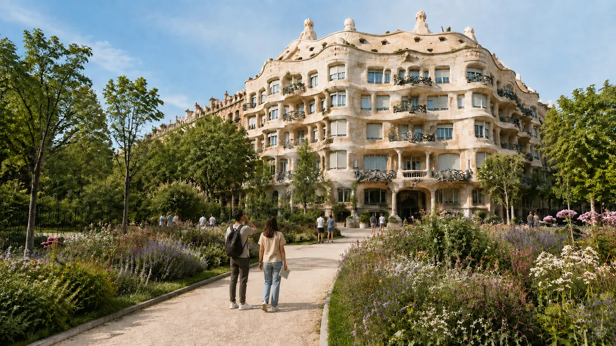 Une large avenue urbaine bordée d’arbres et de massifs de fleurs, avec un immeuble moderniste à façade ondulée au fond.