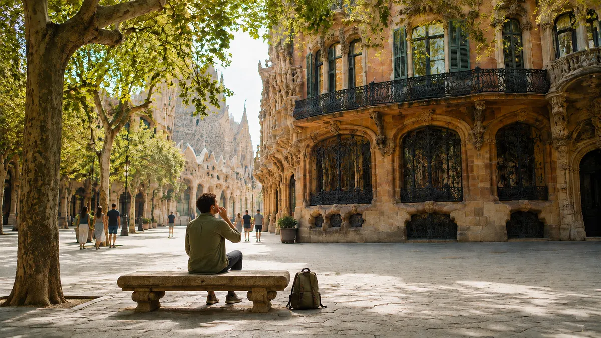 A traveller sits alone on a stone bench in a sunlit city square, phone to their ear, backpack beside them, with an ornate building opposite.