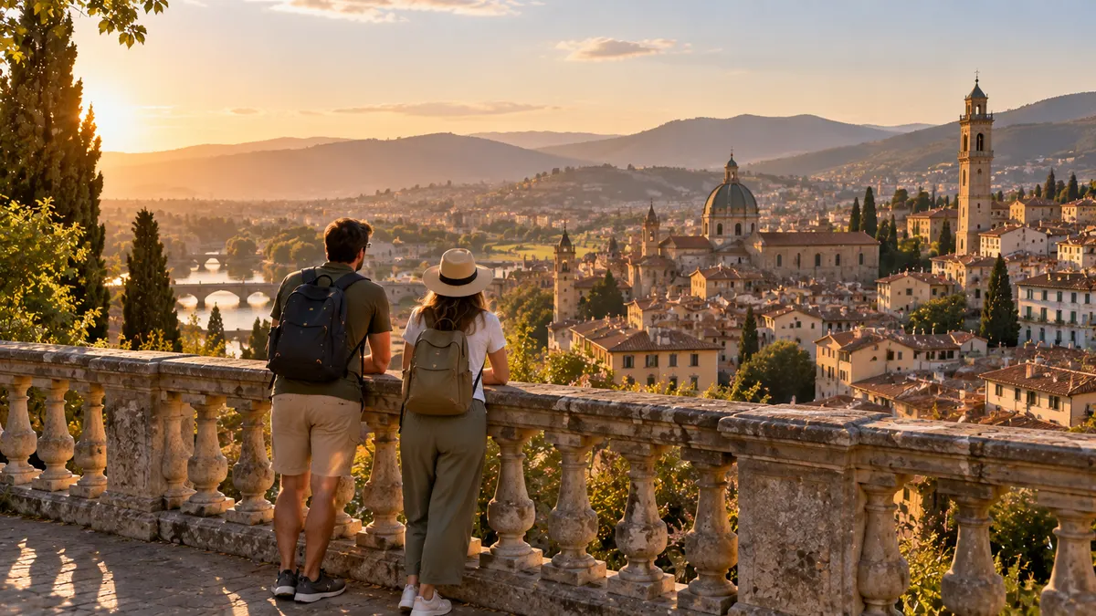 A couple lean on a stone balustrade at a viewpoint above a city of terracotta roofs, a dome and a bell tower, in evening light.