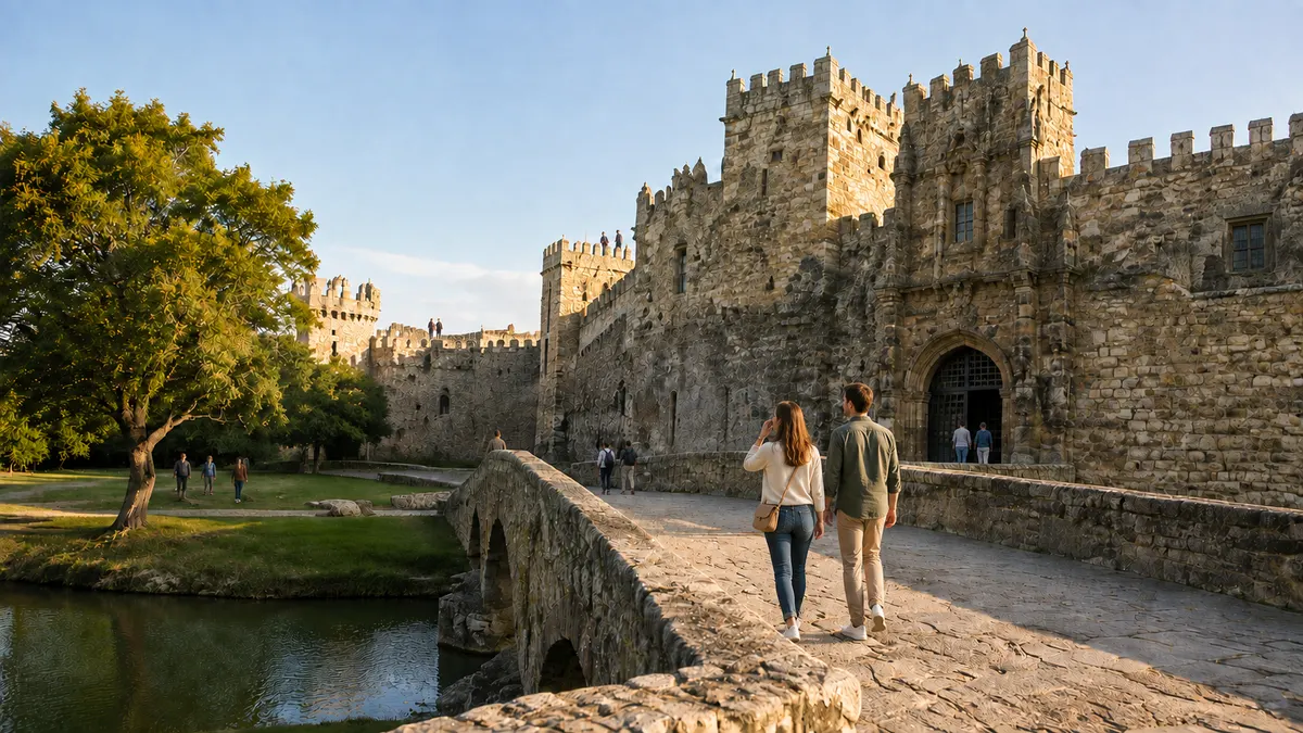 A stone bridge and cobbled causeway leading towards a medieval fortress with crenellated towers, with a river and trees below.