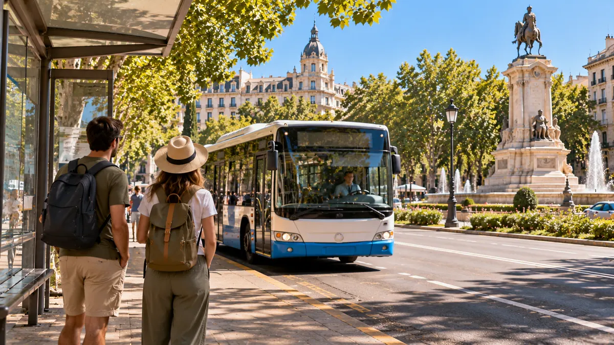 Two travellers wait at a glass bus shelter as a city bus pulls in on a boulevard lined with plane trees, a fountain and an equestrian monument behind them.