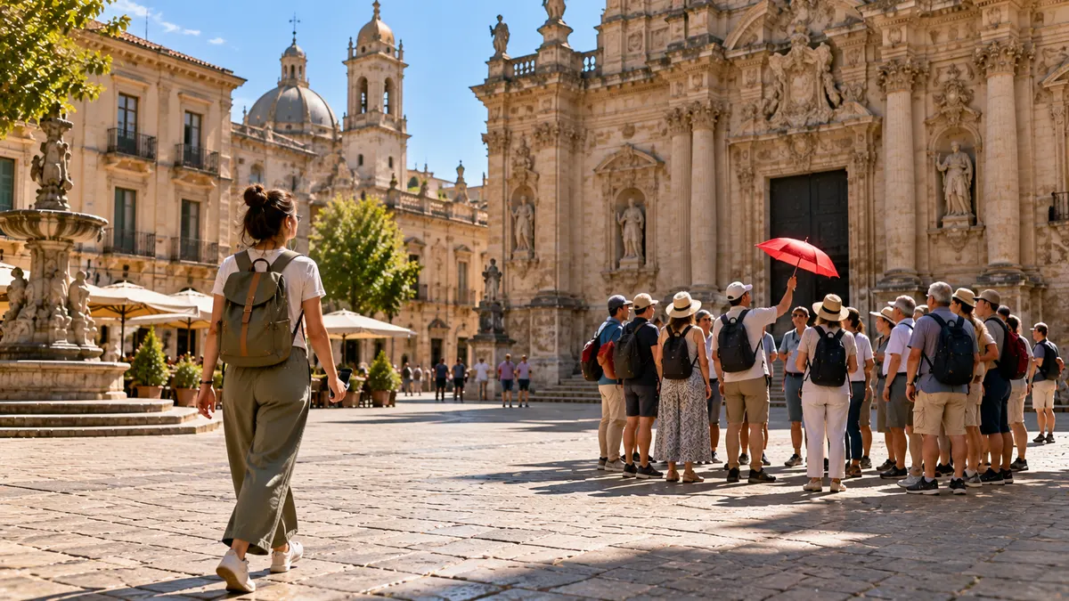 A lone traveller walks across a sunlit baroque square while a large tour group gathers to one side around a guide holding a red umbrella.