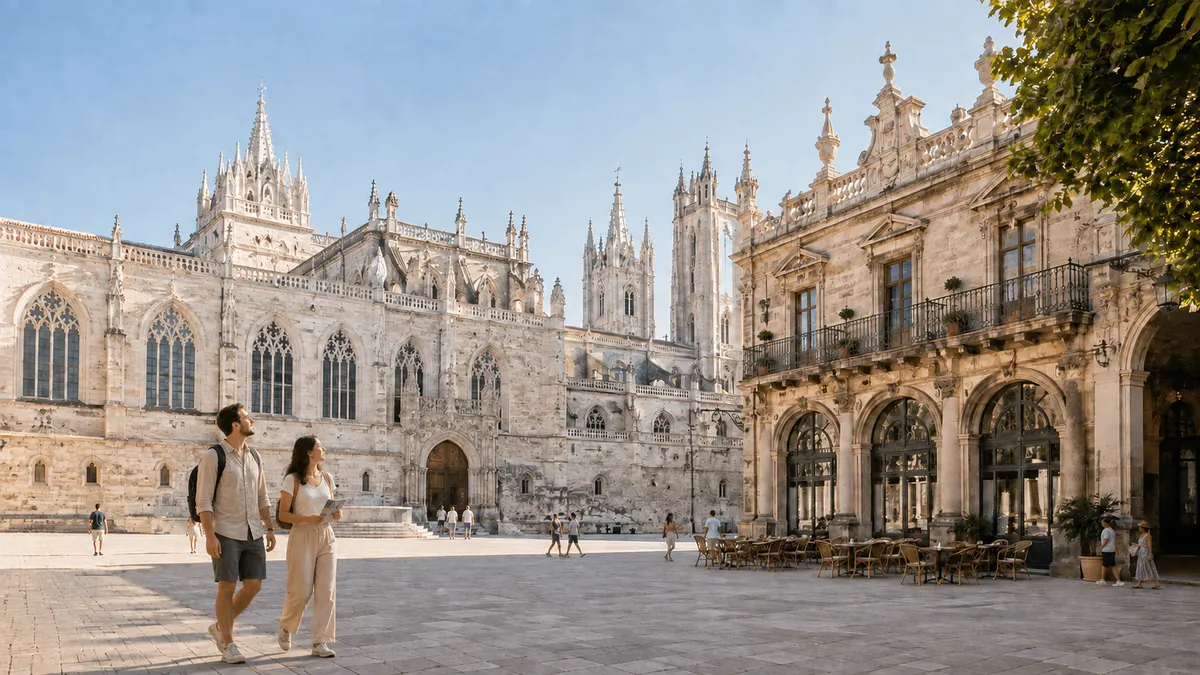 A couple walk across a broad stone square beside a Gothic cathedral, with a café terrace and arcaded building on the right.