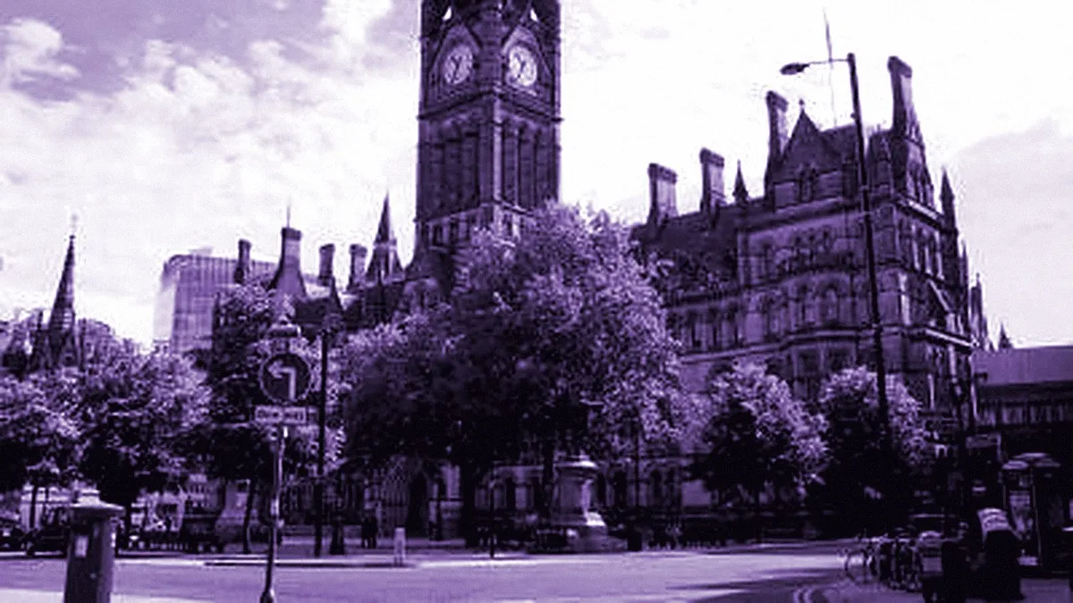 Manchester, United Kingdom — panoramic view of Manchester Town Hall