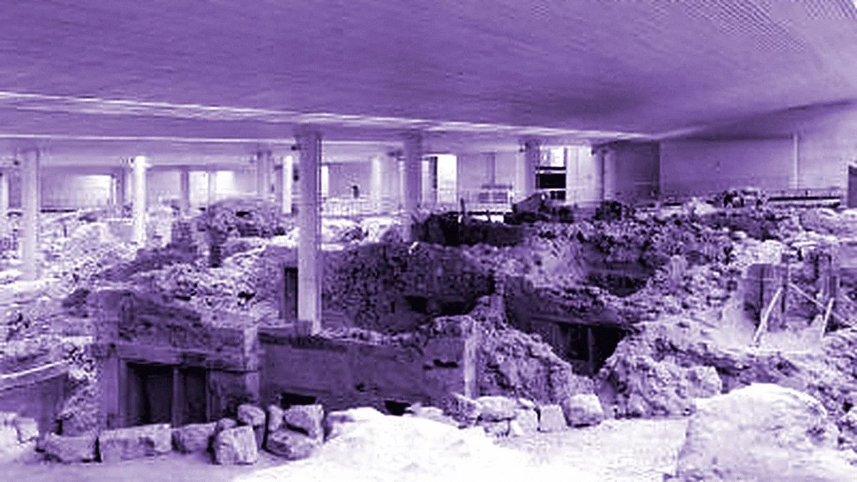 Santorini, Greece — panoramic view of Akrotiri Excavation Site
